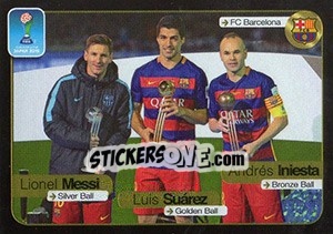 Sticker Lionel Messi / Luis Suarez / Andres Iniesta (FC Barcelona) - FIFA 365: 2016-2017. East Europe n. 646 - Panini