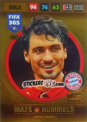Sticker Mats Hummels - FIFA 365: 2016-2017. Adrenalyn XL - Nordic edition n. 31 - Panini