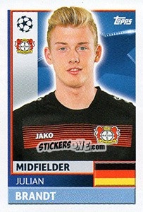 Sticker Julian Brandt - UEFA Champions League 2016-2017 n. LEV15 - Topps