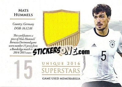Sticker Mats Hummels - World Football UNIQUE 2016 n. SS21 - Futera