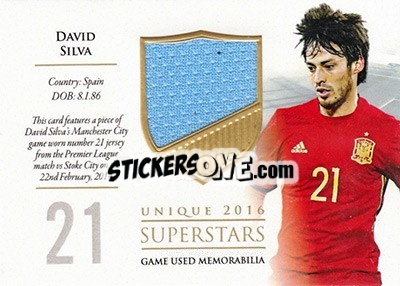 Sticker David Silva - World Football UNIQUE 2016 n. SS44 - Futera