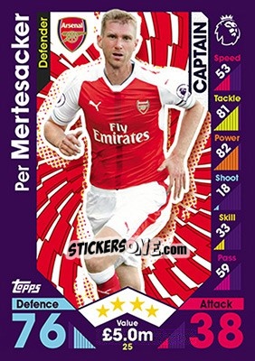 Sticker Per Mertesacker - English Premier League 2016-2017. Match Attax n. 25 - Topps