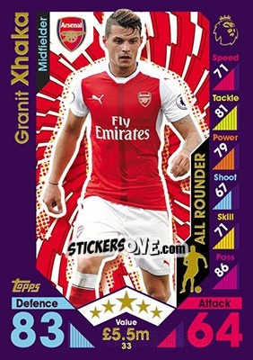 Sticker Granit Xhaka - English Premier League 2016-2017. Match Attax n. 33 - Topps