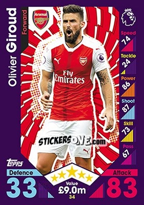 Sticker Olivier Giroud - English Premier League 2016-2017. Match Attax n. 34 - Topps
