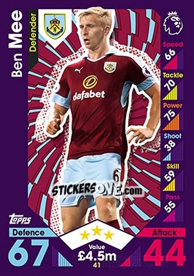 Sticker Ben Mee - English Premier League 2016-2017. Match Attax - Topps