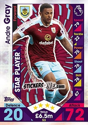 Sticker Andre Gray - English Premier League 2016-2017. Match Attax - Topps