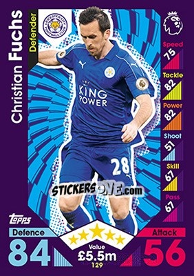 Sticker Christian Fuchs - English Premier League 2016-2017. Match Attax n. 129 - Topps