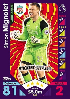 Sticker Simon Mignolet - English Premier League 2016-2017. Match Attax n. 146 - Topps
