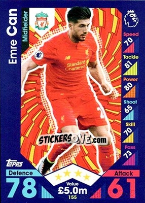 Sticker Emre Can - English Premier League 2016-2017. Match Attax n. 155 - Topps
