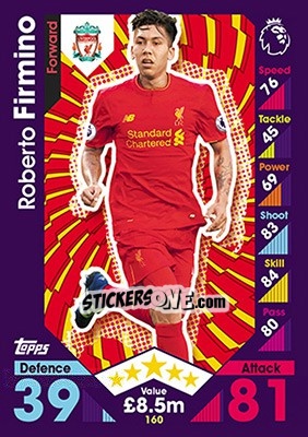 Sticker Roberto Firmino - English Premier League 2016-2017. Match Attax n. 160 - Topps