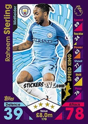 Sticker Raheem Sterling - English Premier League 2016-2017. Match Attax n. 170 - Topps