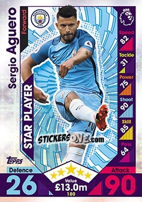 Sticker Sergio Aguero - English Premier League 2016-2017. Match Attax n. 180 - Topps