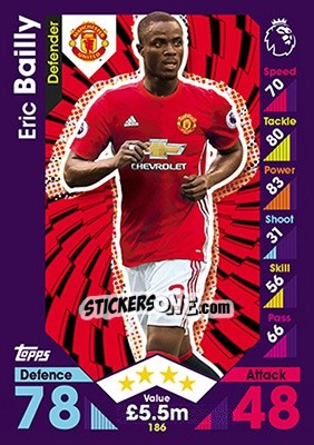 Sticker Eric Bailly - English Premier League 2016-2017. Match Attax n. 186 - Topps