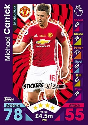Sticker Michael Carrick - English Premier League 2016-2017. Match Attax n. 190 - Topps