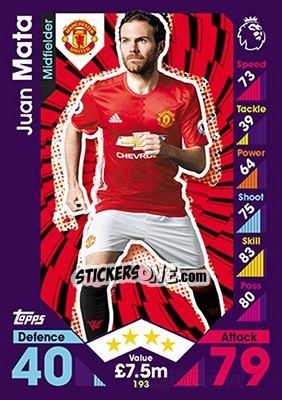 Sticker Juan Mata - English Premier League 2016-2017. Match Attax n. 193 - Topps