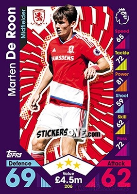 Sticker Marten de Roon - English Premier League 2016-2017. Match Attax n. 206 - Topps