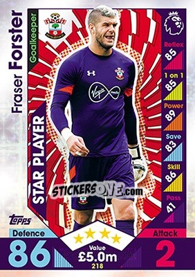 Sticker Fraser Forster - English Premier League 2016-2017. Match Attax - Topps