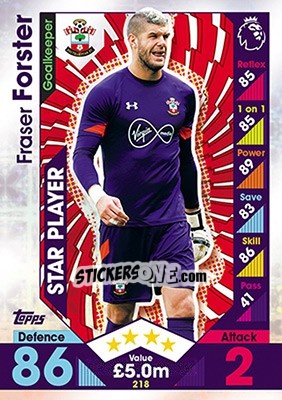 Figurina Fraser Forster - English Premier League 2016-2017. Match Attax - Topps