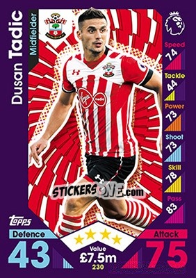 Sticker Dusan Tadic - English Premier League 2016-2017. Match Attax n. 230 - Topps