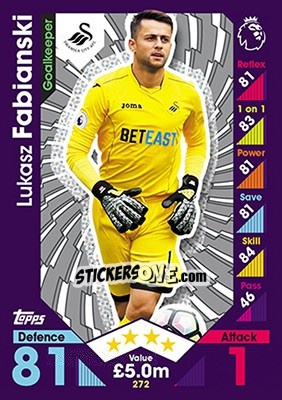 Sticker Lukasz Fabianski - English Premier League 2016-2017. Match Attax n. 272 - Topps