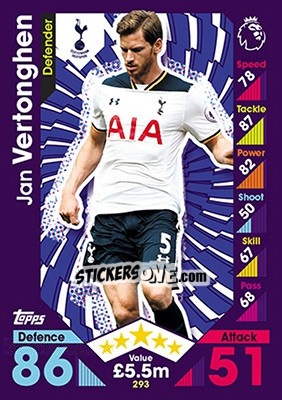 Sticker Jan Vertonghen - English Premier League 2016-2017. Match Attax n. 293 - Topps