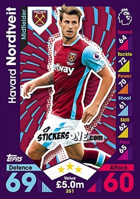 Sticker Havard Nordtveit - English Premier League 2016-2017. Match Attax - Topps