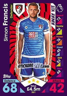 Sticker Simon Francis - English Premier League 2016-2017. Match Attax - Topps