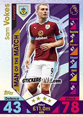 Sticker Sam Vokes - English Premier League 2016-2017. Match Attax - Topps