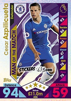 Sticker Cesar Azpilicueta - English Premier League 2016-2017. Match Attax n. 406 - Topps