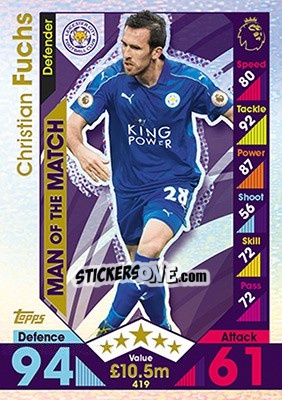 Sticker Christian Fuchs - English Premier League 2016-2017. Match Attax n. 419 - Topps