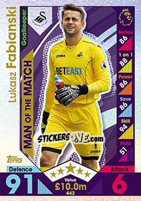 Sticker Lukasz Fabianski - English Premier League 2016-2017. Match Attax n. 442 - Topps