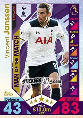 Sticker Vincent Janssen - English Premier League 2016-2017. Match Attax n. 447 - Topps