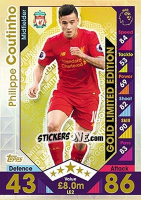 Sticker Philippe Coutinho - English Premier League 2016-2017. Match Attax n. LE2g - Topps