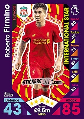 Sticker Roberto Firmino - English Premier League 2016-2017. Match Attax n. MT36 - Topps