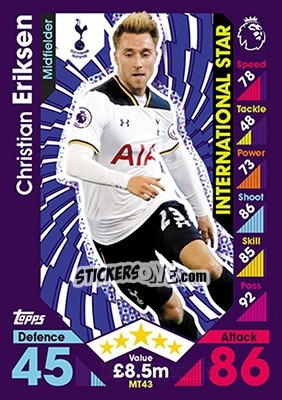 Sticker Christian Eriksen - English Premier League 2016-2017. Match Attax n. MT43 - Topps