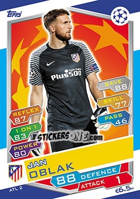 Sticker Jan Oblak - UEFA Champions League 2016-2017. Match Attax n. ATL2 - Topps