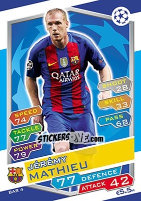 Sticker Jérémy Mathieu - UEFA Champions League 2016-2017. Match Attax n. FCB4 - Topps