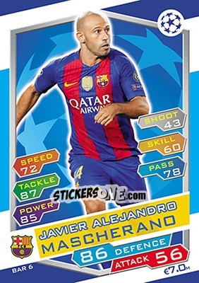 Sticker Javier Alejandro Mascherano - UEFA Champions League 2016-2017. Match Attax - Topps