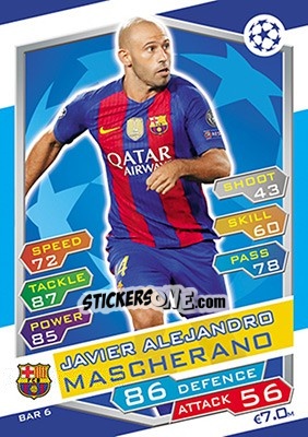 Sticker Javier Alejandro Mascherano - UEFA Champions League 2016-2017. Match Attax n. FCB6 - Topps