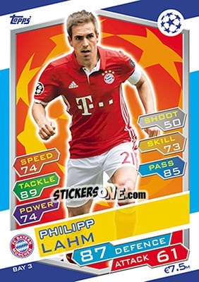 Sticker Philipp Lahm - UEFA Champions League 2016-2017. Match Attax n. BAY3 - Topps