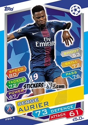 Sticker Serge Aurier - UEFA Champions League 2016-2017. Match Attax n. PSG4 - Topps