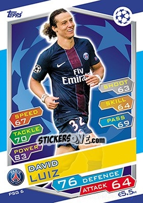 Sticker David Luiz - UEFA Champions League 2016-2017. Match Attax n. PSG6 - Topps