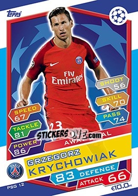 Sticker Grzegorz Krychowiak - UEFA Champions League 2016-2017. Match Attax n. PSG12 - Topps