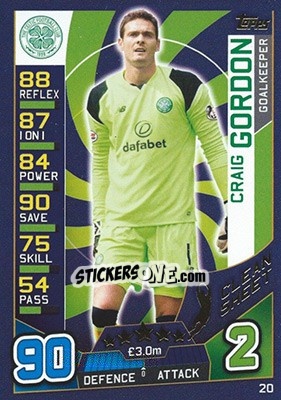 Sticker Craig Gordon - SPFL 2016-2017. Match Attax n. 20 - Topps