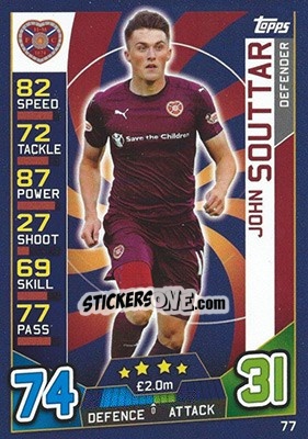 Sticker John Souttar - SPFL 2016-2017. Match Attax n. 77 - Topps