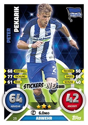 Sticker Peter Pekarík - German Fussball Bundesliga 2016-2017. Match Attax - Topps