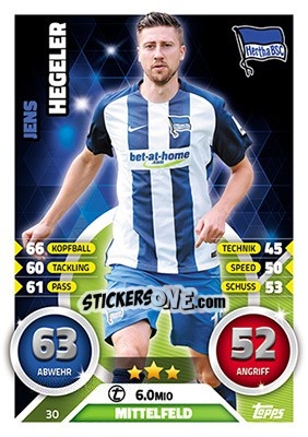 Sticker Jens Hegeler - German Fussball Bundesliga 2016-2017. Match Attax - Topps