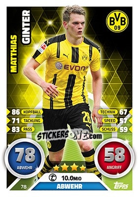 Figurina Matthias Ginter - German Fussball Bundesliga 2016-2017. Match Attax - Topps