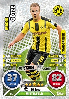 Sticker Mario Götze - German Fussball Bundesliga 2016-2017. Match Attax - Topps