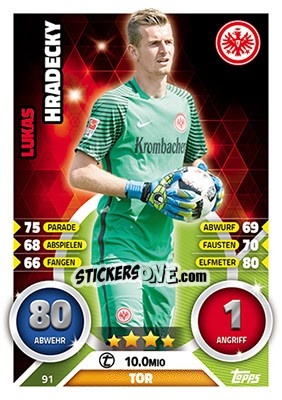 Sticker Lukas Hradecky - German Fussball Bundesliga 2016-2017. Match Attax - Topps
